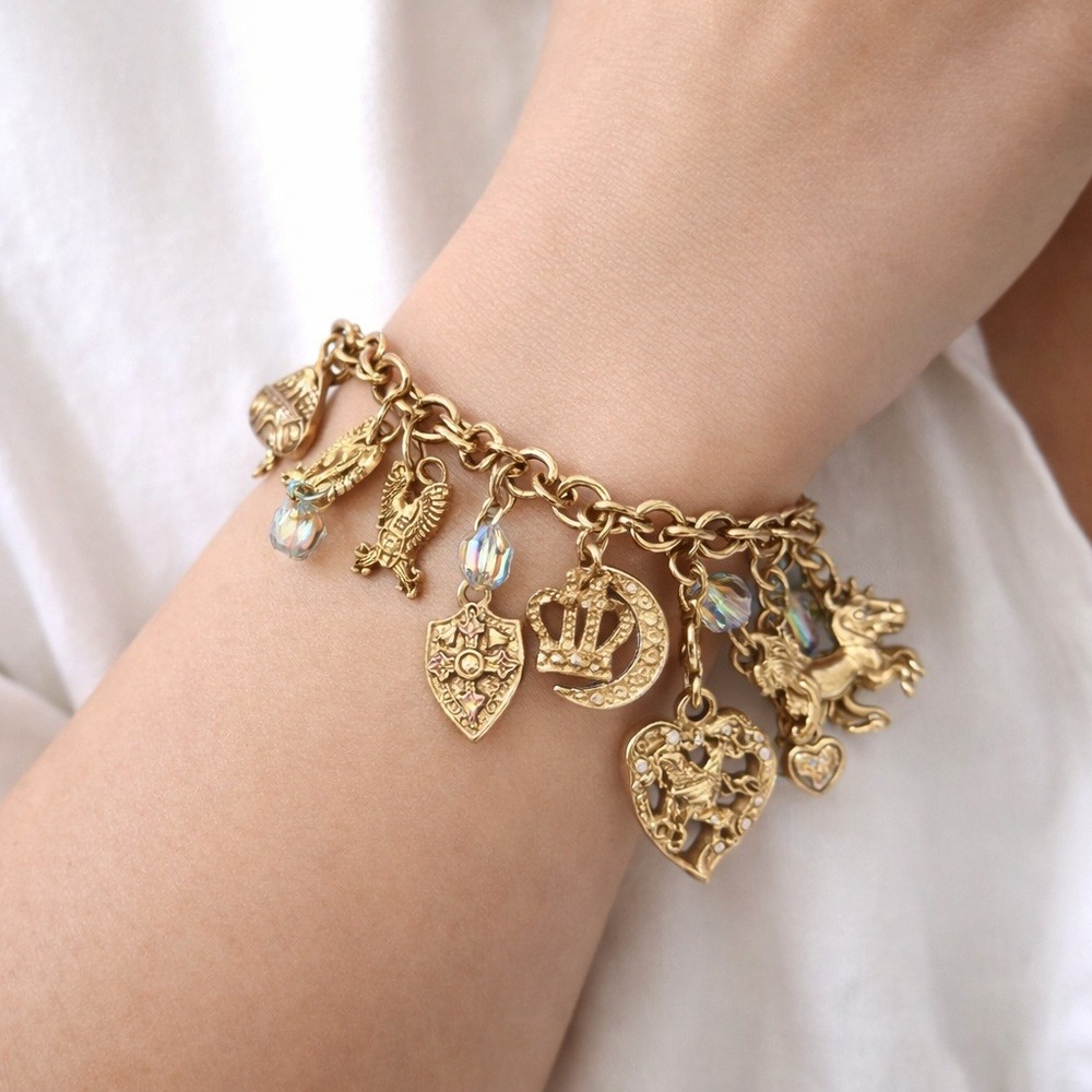 Vintage Kirks Folly Charm‎ Bracelet 13 Figural Knight Crown Moon AB Crystals